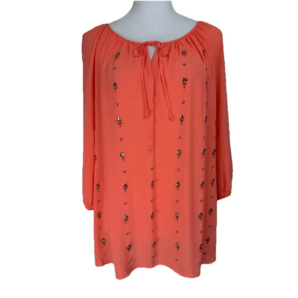 JCP Women’s Top Tunic L Coral Rhinestones 3/4 Sleeves Lightweight Flowy Beach - Picture 4 of 13